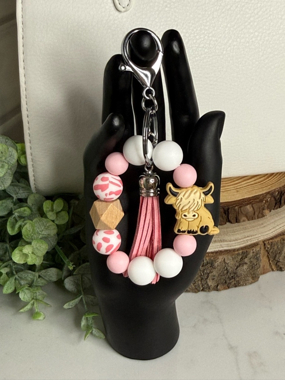 Pink & White Silicone Beaded Keychain with Highland Cow Charm